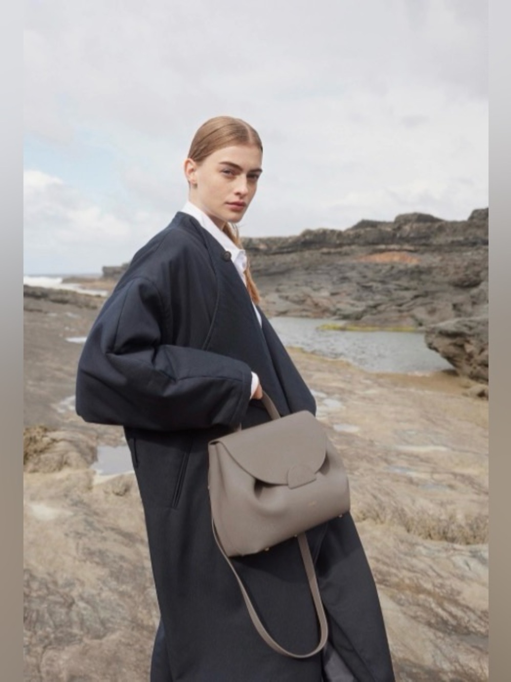 Polene Numero Un Taupe Grey Leather Crossbody Flap Bag Excellent, Like-New